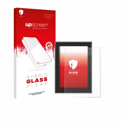 Parte frontale di una confezione del prodotto con il logo del marchio upscreen. Accanto è raffigurato il dispositivo Volvo S90