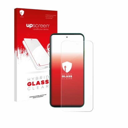 Parte frontale di una confezione del prodotto con il logo del marchio upscreen. Accanto è raffigurato il dispositivo Fairphone