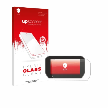 Parte frontale di una confezione del prodotto con il logo del marchio upscreen. Accanto è raffigurato il dispositivo Ducati V4