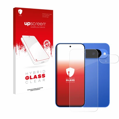 Parte frontale di una confezione del prodotto con il logo del marchio upscreen. Accanto è raffigurato il dispositivo Google Pi