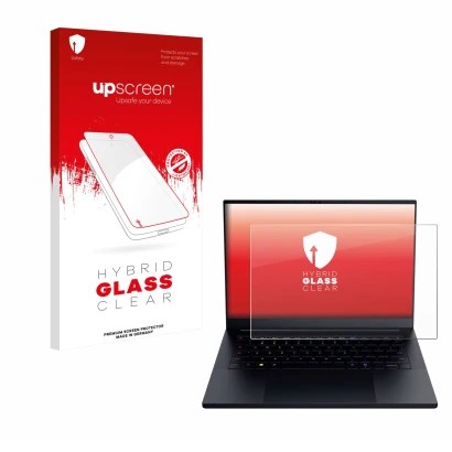 Parte frontale di una confezione del prodotto con il logo del marchio upscreen. Accanto è raffigurato il dispositivo Razer Bla