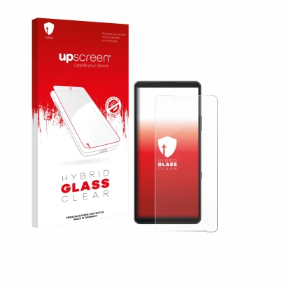 Parte frontale di una confezione del prodotto con il logo del marchio upscreen. Accanto è raffigurato il dispositivo Sony Xper