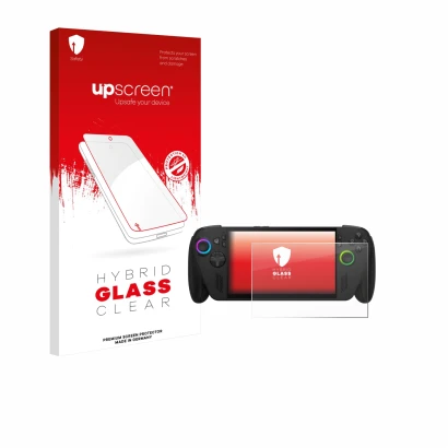 Parte frontale di una confezione del prodotto con il logo del marchio upscreen. Accanto è raffigurato il dispositivo ASUS ROG