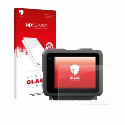 Parte frontale di una confezione del prodotto con il logo del marchio upscreen. Accanto è raffigurato il dispositivo GoPro Lit