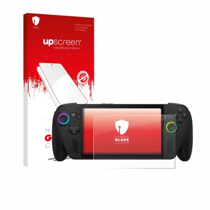 Parte frontale di una confezione del prodotto con il logo del marchio upscreen. Accanto è raffigurato il dispositivo ASUS ROG