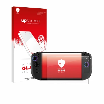 Parte frontale di una confezione del prodotto con il logo del marchio upscreen. Accanto è raffigurato il dispositivo Lenovo Le