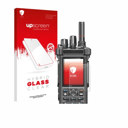 Parte frontale di una confezione del prodotto con il logo del marchio upscreen. Accanto è raffigurato il dispositivo Radtel RT