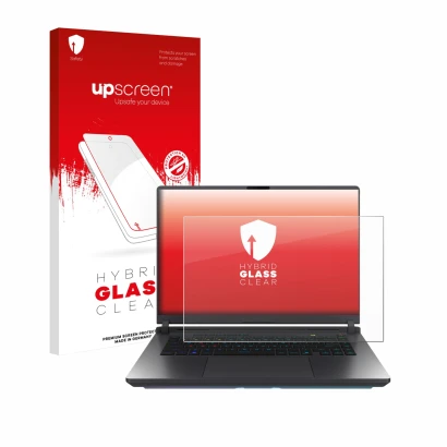 Parte frontale di una confezione del prodotto con il logo del marchio upscreen. Accanto è raffigurato il dispositivo ASUS ROG 