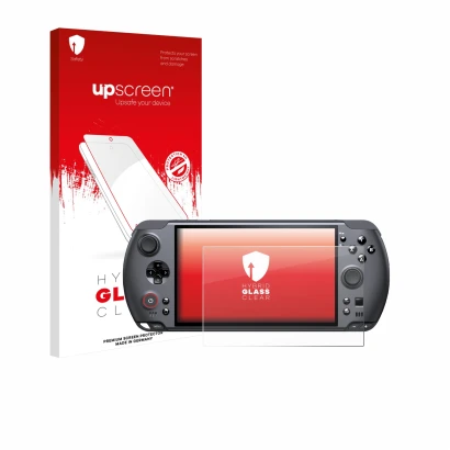 Parte frontale di una confezione del prodotto con il logo del marchio upscreen. Accanto è raffigurato il dispositivo GPD Win 5