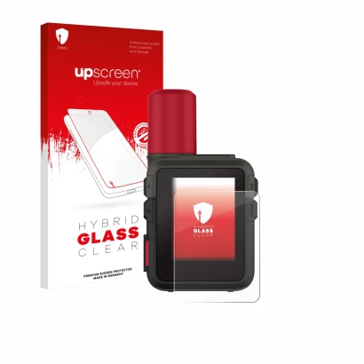 Parte frontale di una confezione del prodotto con il logo del marchio upscreen. Accanto è raffigurato il dispositivo Garmin in