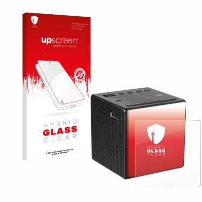 Parte frontale di una confezione del prodotto con il logo del marchio upscreen. Accanto è raffigurato il dispositivo Sony ICF-