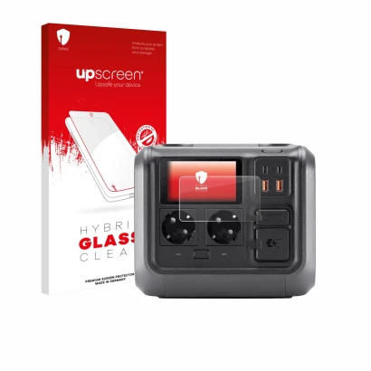 Parte frontale di una confezione del prodotto con il logo del marchio upscreen. Accanto è raffigurato il dispositivo DJI Power