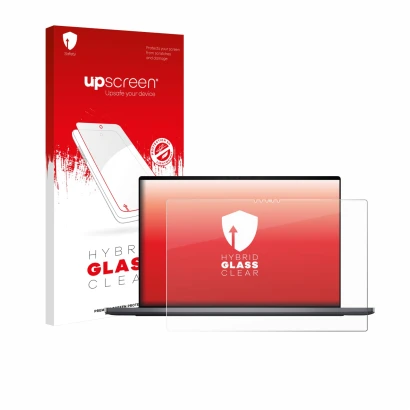 Parte frontale di una confezione del prodotto con il logo del marchio upscreen. Accanto è raffigurato il dispositivo Dell XPS 