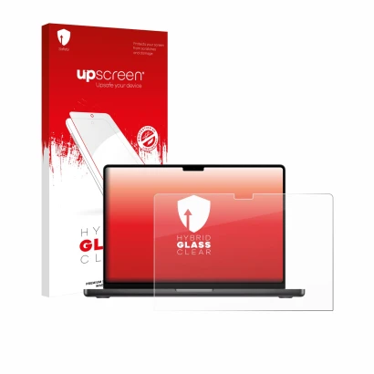 Parte frontale di una confezione del prodotto con il logo del marchio upscreen. Accanto è raffigurato il dispositivo Apple Mac