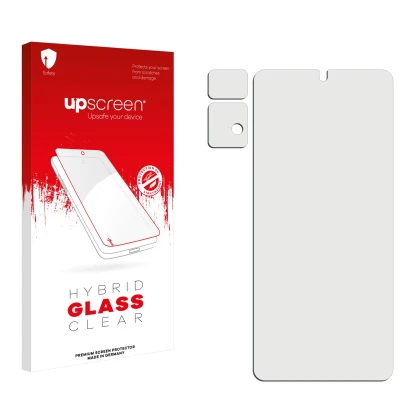 Parte frontale di una confezione del prodotto con il logo del marchio upscreen. Accanto si trova la protezione per lo schermo 