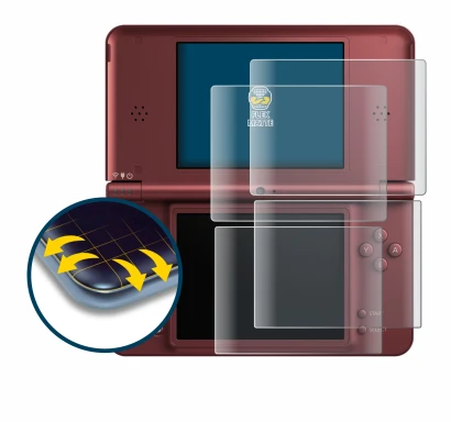 Immagine del dispositivo Nintendo DSi XL con un'ampia varietà di protezioni per lo schermo.