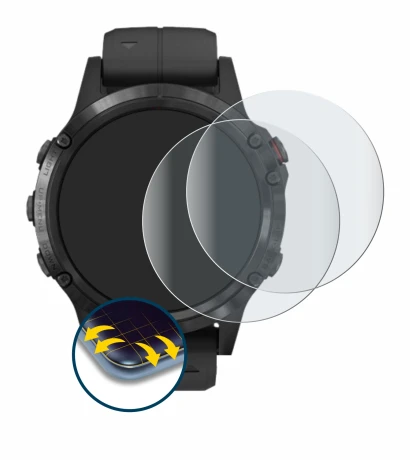 Immagine del dispositivo Garmin Fenix 5 Plus (47 mm) con un'ampia varietà di protezioni per lo schermo.