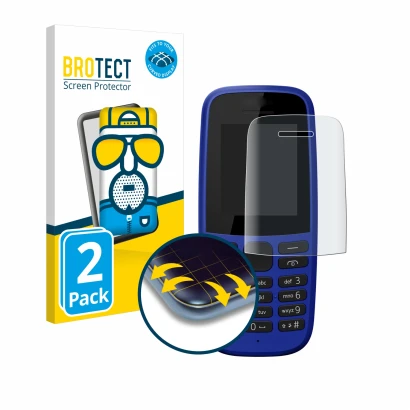 Parte frontale di una confezione del prodotto con il logo del marchio BROTECT. Accanto è raffigurato il dispositivo Nokia 105 