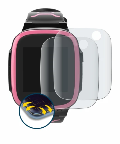 Immagine del dispositivo Xplora X5 Play con un'ampia varietà di protezioni per lo schermo.