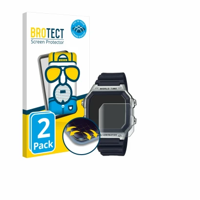 Parte frontale di una confezione del prodotto con il logo del marchio BROTECT. Accanto è raffigurato il dispositivo Casio AE-1