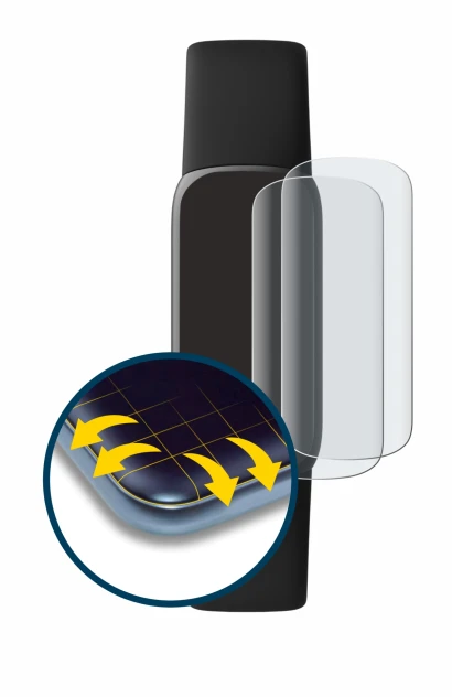 Immagine del dispositivo Fitbit Luxe con un'ampia varietà di protezioni per lo schermo.