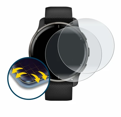 Immagine del dispositivo Garmin Venu 2 Plus con un'ampia varietà di protezioni per lo schermo.