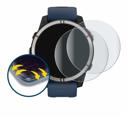Immagine del dispositivo Garmin quatix 7 con un'ampia varietà di protezioni per lo schermo.