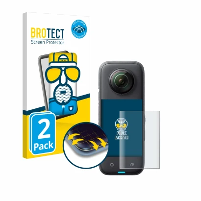 Parte frontale di una confezione del prodotto con il logo del marchio BROTECT. Accanto è raffigurato il dispositivo Insta360 X