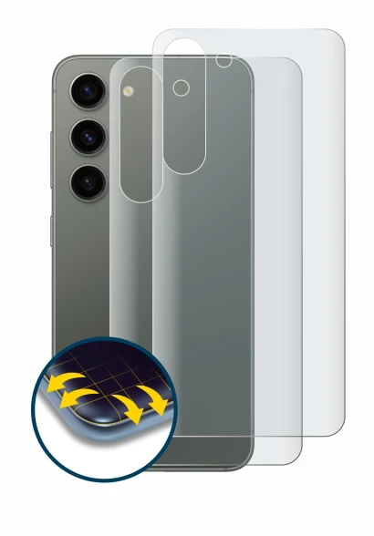 Immagine del dispositivo Samsung Galaxy S23 (Posteriore) con un'ampia varietà di protezioni per lo schermo.