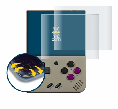 Immagine del dispositivo Miyoo Mini Plus con un'ampia varietà di protezioni per lo schermo.