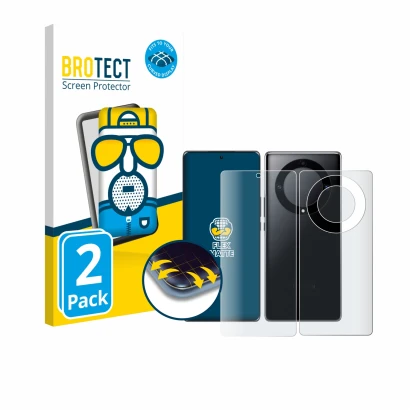 Parte frontale di una confezione del prodotto con il logo del marchio BROTECT. Accanto è raffigurato il dispositivo Honor Magi