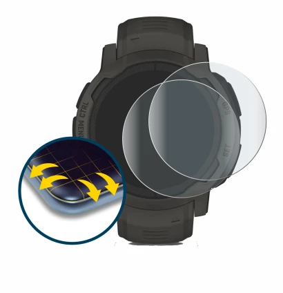 Immagine del dispositivo Garmin Instinct 2 Solar con un'ampia varietà di protezioni per lo schermo.