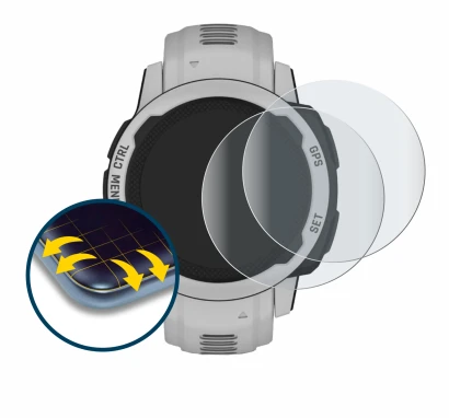Immagine del dispositivo Garmin Instinct 2S Solar (40 mm) con un'ampia varietà di protezioni per lo schermo.