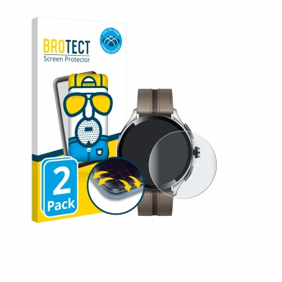 Parte frontale di una confezione del prodotto con il logo del marchio BROTECT. Accanto è raffigurato il dispositivo Xiaomi Wat