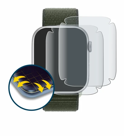 Immagine del dispositivo Apple Watch Series 9 (41 mm) con un'ampia varietà di protezioni per lo schermo.