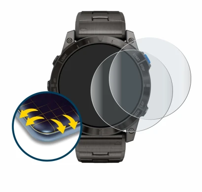 Immagine del dispositivo Garmin D2 Mach 1 Pro con un'ampia varietà di protezioni per lo schermo.
