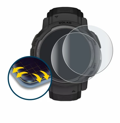 Immagine del dispositivo Garmin Instinct Crossover Solar con un'ampia varietà di protezioni per lo schermo.