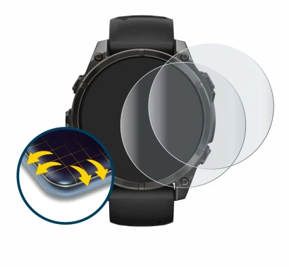 Immagine del dispositivo Garmin Fenix 8 AMOLED (47 mm) con un'ampia varietà di protezioni per lo schermo.