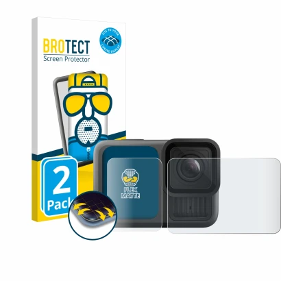 Parte frontale di una confezione del prodotto con il logo del marchio BROTECT. Accanto è raffigurato il dispositivo GoPro Hero