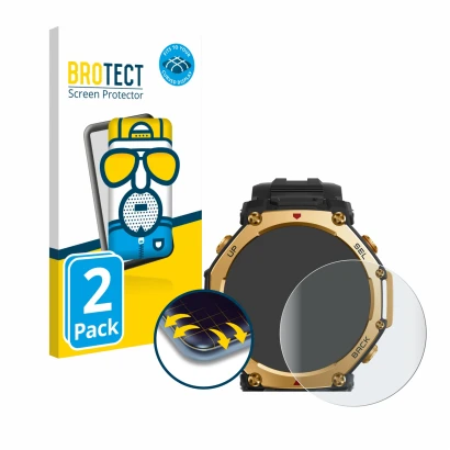 Parte frontale di una confezione del prodotto con il logo del marchio BROTECT. Accanto è raffigurato il dispositivo Huami Amaz