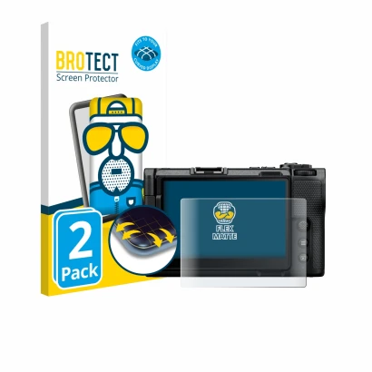 Parte frontale di una confezione del prodotto con il logo del marchio BROTECT. Accanto è raffigurato il dispositivo Nikon ZR c