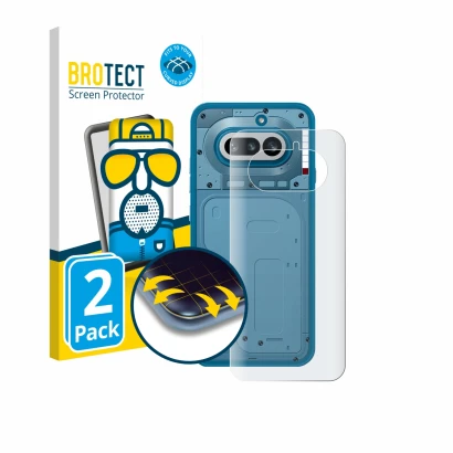 Parte frontale di una confezione del prodotto con il logo del marchio BROTECT. Accanto è raffigurato il dispositivo Nothing Ph