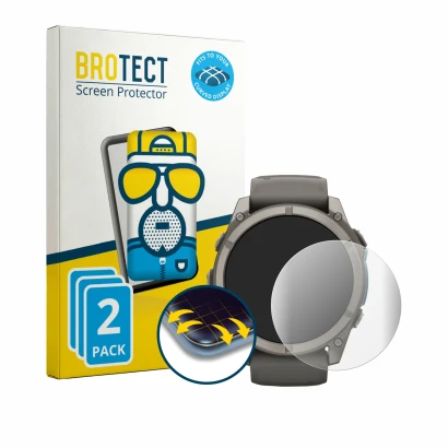 Parte frontale di una confezione del prodotto con il logo del marchio BROTECT. Accanto è raffigurato il dispositivo Garmin Fen