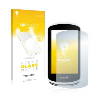 Parte frontale di una confezione del prodotto con il logo del marchio upscreen. Accanto è raffigurato il dispositivo Garmin Ed