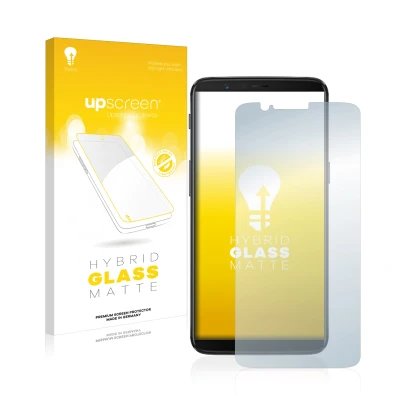 Parte frontale di una confezione del prodotto con il logo del marchio upscreen. Accanto è raffigurato il dispositivo OnePlus 5