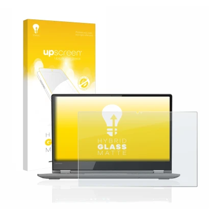 Parte frontale di una confezione del prodotto con il logo del marchio upscreen. Accanto è raffigurato il dispositivo Lenovo Yo