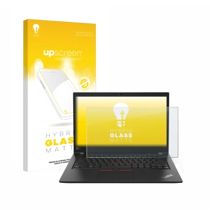 Parte frontale di una confezione del prodotto con il logo del marchio upscreen. Accanto è raffigurato il dispositivo Lenovo Th