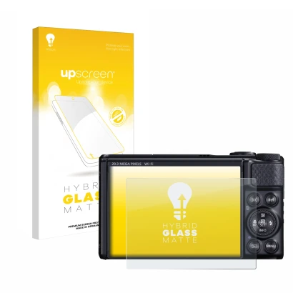 Parte frontale di una confezione del prodotto con il logo del marchio upscreen. Accanto è raffigurato il dispositivo Canon Pow