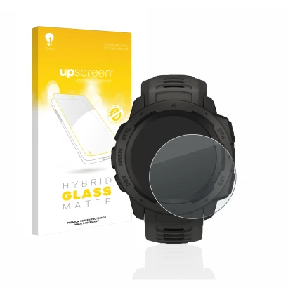 Parte frontale di una confezione del prodotto con il logo del marchio upscreen. Accanto è raffigurato il dispositivo Garmin In