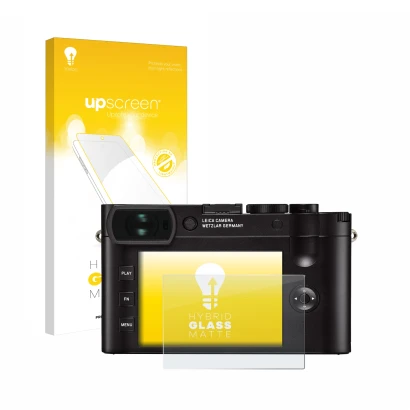 Parte frontale di una confezione del prodotto con il logo del marchio upscreen. Accanto è raffigurato il dispositivo Leica Q2 